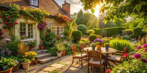 Obraz premium Charming Country Cottage Patio: Garden Decor, Outdoor Furniture & Landscape Design