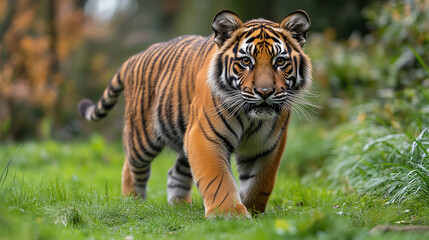 A Bengal tiger walks through a grassy field