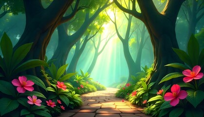 Obraz premium Sunlit Forest Path Digital Art Magical Landscape with Flowers