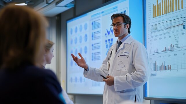 Medical professional presenting data in a professional setting with audience engagement.