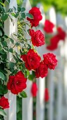 Sunlit red roses enhancing outdoor garden view