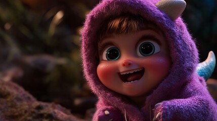 Adorable 3D Render of a Happy Child in a Purple Dinosaur Costume