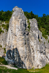 Filar Abazego Abazy Pillar Jurassic rock, part of Brama Bolechowicka Gate limestone rock formation in Dolina Bolechowicka Valley within Cracow Valleys landscape park in Lesser Poland