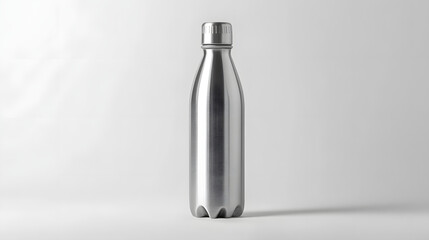 
A professional product photo of a minimalist silver water bottle on a white background 