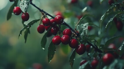 Obraz premium Red berries on a branch with raindrops close up and macro photography