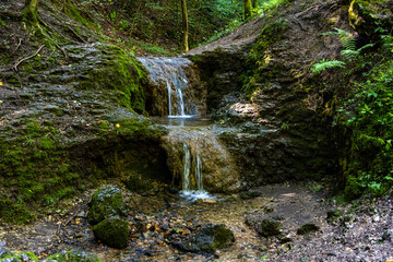 Bolechowka creek double cascades in Dolina Bolechowicka Valley within Cracow Valleys landscape park of Cracow-Czestochowa Jurassic natural reserve in Lesser Poland