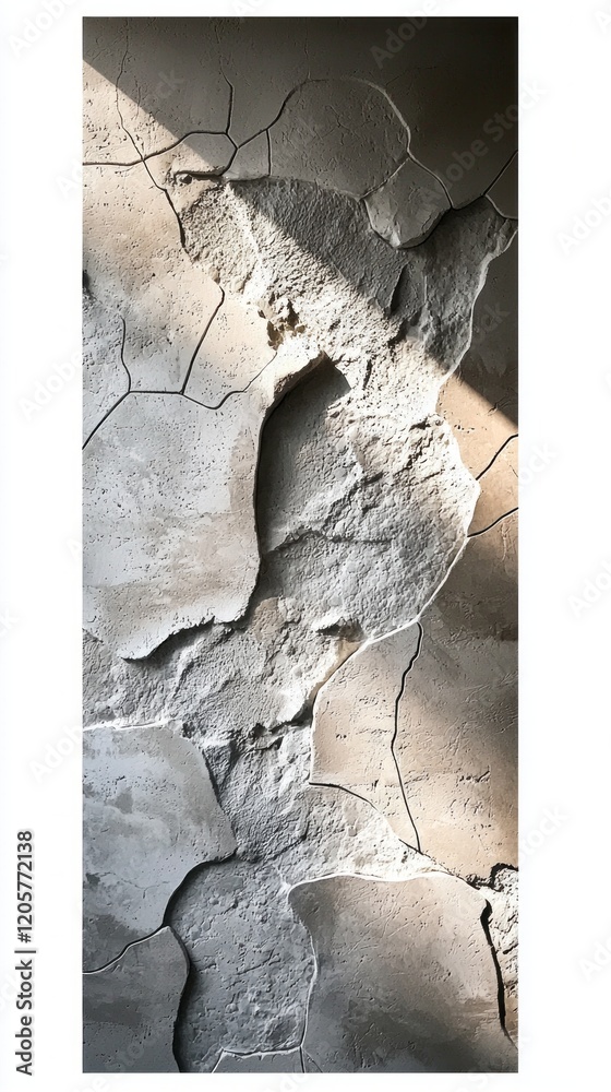 Poster Soft shadows dance across a beautifully textured plaster wall, highlighting its unique cracks and patterns. The gentle interplay of light adds depth and character to the serene environment