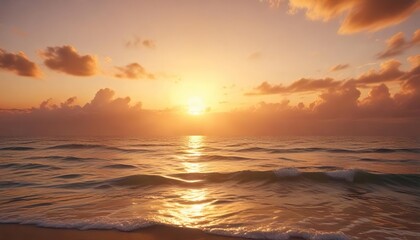 Fototapeta premium Blurry background of a vibrant golden sunset sky casting a warm glow on the sea, vibrant, sky