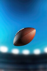 blurred perspective of football soaring through air captured mid-flight with stadium visible in background motion trail