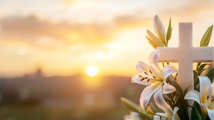 Heavenly Easter blessings with a glowing cross, lilies, and divine light © Ren