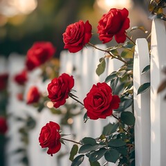 Climbing red roses decorating picturesque white fence