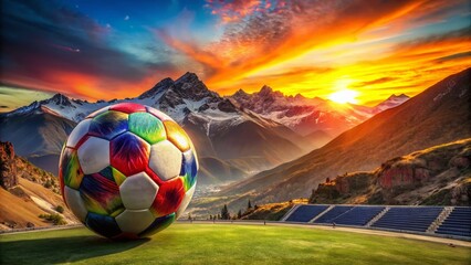 Chilean Soccer Ball Double Exposure: Andes Mountains & Stadium