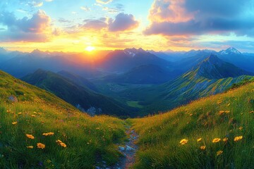 Golden sunrise illuminating a picturesque mountain valley with lush greenery and wildflowers

