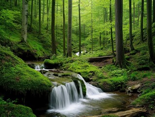 Obraz premium A serene forest scene with a mossy stream and small waterfalls amidst tall green trees