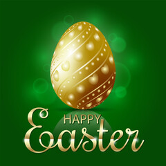 Golden Easter Egg on Green Background with Bokeh Effect