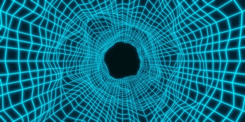 Retro glowing cyan neon geometry grid tunnel with black star sky background, synthwave or retrowave 80s minimal geometric background, copy space