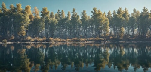 Fototapeta premium Solarized reflection of trees on calm lake surface, lake, serenity, water