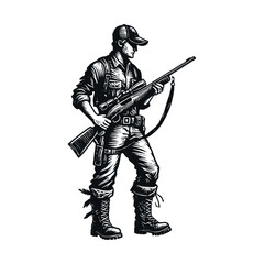  Modern hunter with rifle in hand, ink sketch, black on white