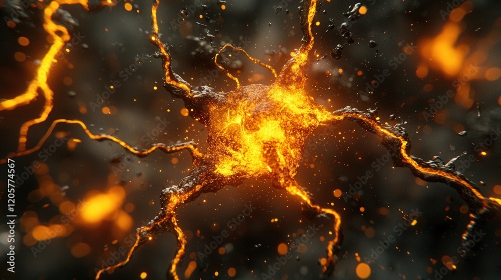 Poster fiery neural network abstract: glowing energy system with intricate branching structures and sparks