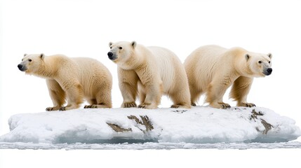Fototapeta premium Climate change: Pollution and temperature rise. Three polar bears standing on an ice floe in a snowy landscape.
