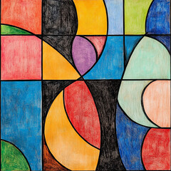 Fototapeta premium abstract composition of geometric shapes, divided by bold black lines, with vibrant colors like red, yellow, blue, green, purple, and orange, creating a modern and artistic design
