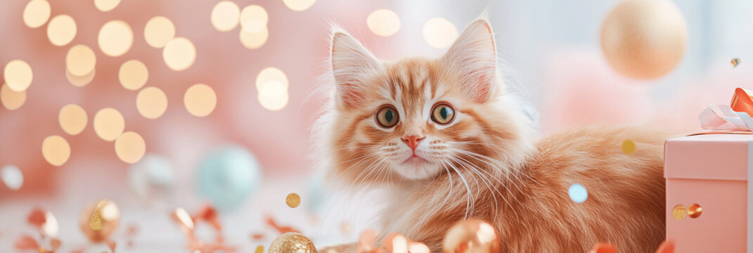 Adorable ginger kitten amidst festive confetti and soft lighting. - Powered by Adobe
