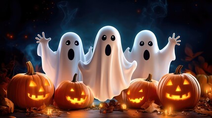 A whimsical Halloween scene featuring four cartoonish ghosts with large eyes,