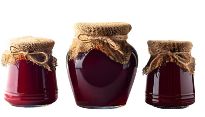 set of A glass jar filled with a thick, dark red liquid, topped with a burlap lid and tied 