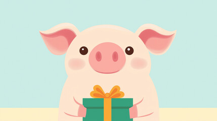 Adorable piglet holding a gift. Pastel colors and cute cartoon style.