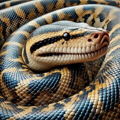 A coiled snake with a yellowish base color, black and dark brown spots and stripes, very detailed scales, head raised