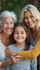 Fototapeta premium A grandmother, mother, and daughter stand closely together, radiating happiness and love in a lush outdoor setting. Their warm smiles and affectionate embrace highlight the strong bond of family