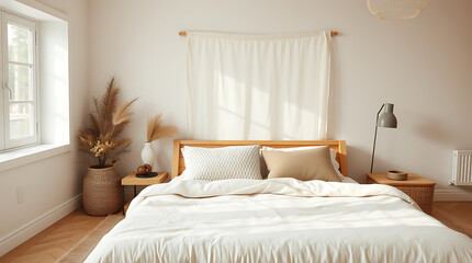Modern Minimalist Bedroom Interior Design: Cozy and Serene Space with Natural Light and Textures