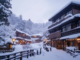 Naklejka premium Snowy Japanese Village Street at Dusk with Traditional Architecture and Warm Lighting
