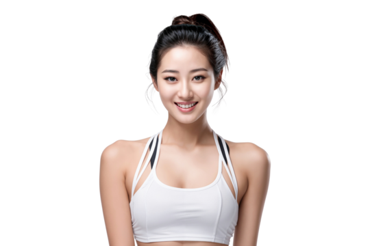 Beautiful Asian woman in dry fit workout or sport shirt, isolated on white background