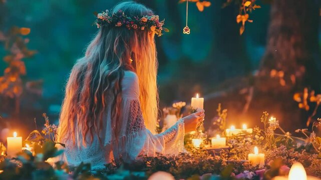 Enchanted Forest Ritual: A mystical woman with long blonde hair, adorned with a flower crown, sits amidst a circle of flickering candles in a dark, enchanting forest.