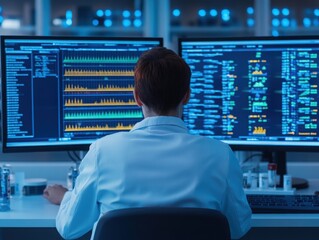 A scientist analyzes complex data on multiple monitors in a modern laboratory, showcasing advanced technology and research.