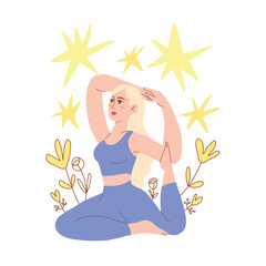 In yoga classes, a girl practices poses to develop flexibility and awareness. In the vector illustration, she is depicted in a sitting position, strengthening her health