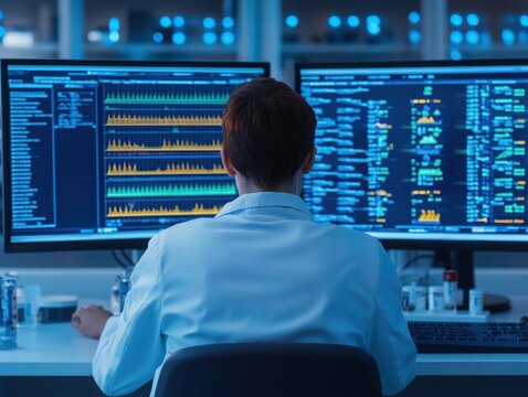 A scientist analyzes complex data on multiple monitors in a modern laboratory, showcasing advanced technology and research. - Powered by Adobe