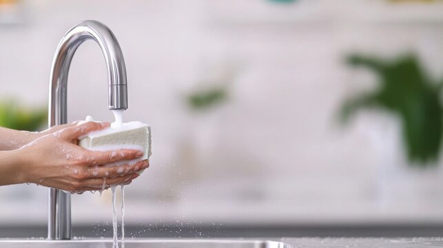 A person washes soap under a modern tap, showcasing a clean and refreshing kitchen environment.
