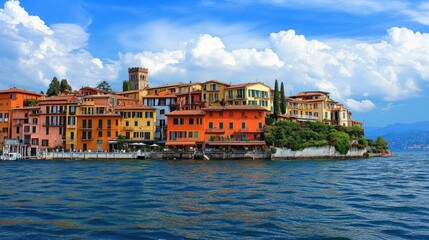 Naklejka premium Colorful Italian village nestled on a peninsula surrounded by deep blue water under a vibrant sky