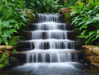 Obraz premium A serene waterfall cascades over stones, surrounded by lush green foliage, creating a tranquil natural landscape scene.
