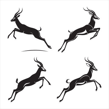 Antelope in Mid-Leap silhouettes in black color bold simple and cleaner vector