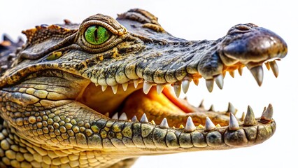 Obraz premium Close-Up Crocodile Head, Textured Skin, Sharp Teeth, White Background Stock Photo