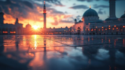 Fototapeta premium Majestic Mosque at Sunrise with Reflections on Wet Ground