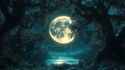 Fototapeta premium Majestic Full Moon Illuminating a Serene Forest Clearing Under a Starry Sky