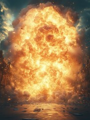 A massive explosion fills the scene with fire and smoke, showcasing destruction and chaos.