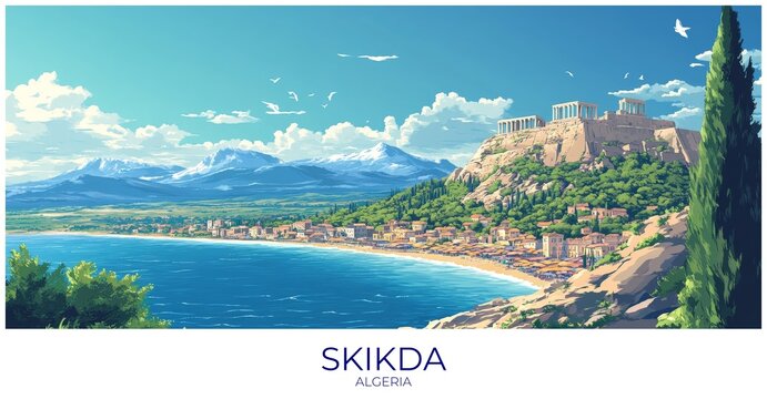 Skikda Algeria Travel Poster Flat Illustration Print Decor Gift Canvas Wall Art Gift