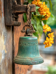 Obraz premium Artalika Teej, A serene image of a temple bell being rung, showcasing tranquility and cultural significance in high fidelity.