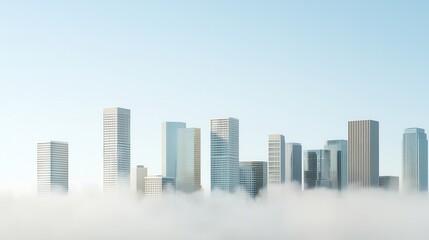 Climate change: Pollution and temperature rise. City skyline emerging from fog under a clear blue sky.