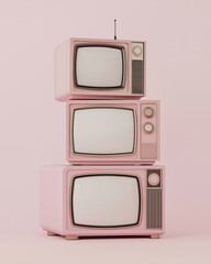 a tower of three retro TV sets in powder pink on a light pink background